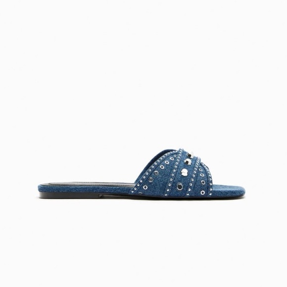 NWT. Zara Denim Blue Flat Slider Sandals with Studs. Size 10. - Picture 1 of 8